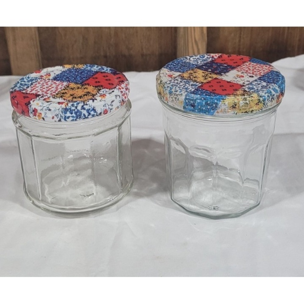 Vintage Anchor Hocking Quilted Patchwork Jelly Jar Set Lot of 2
